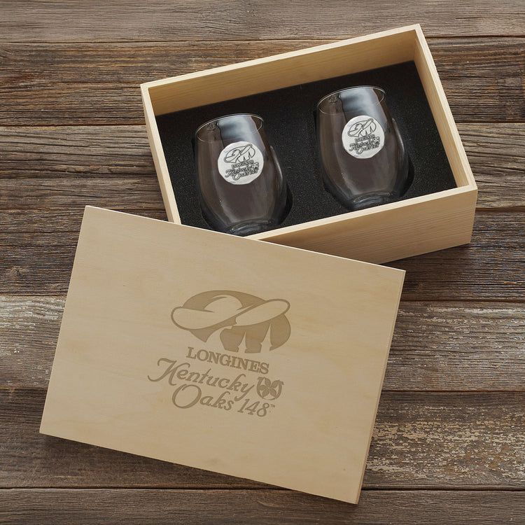 Staten 2-Piece Stemless Wine Set in Engraved Pine Box